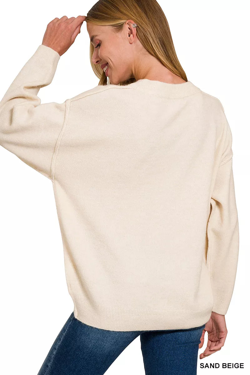 Zenana Melange Front Seam Round Neck Sweater