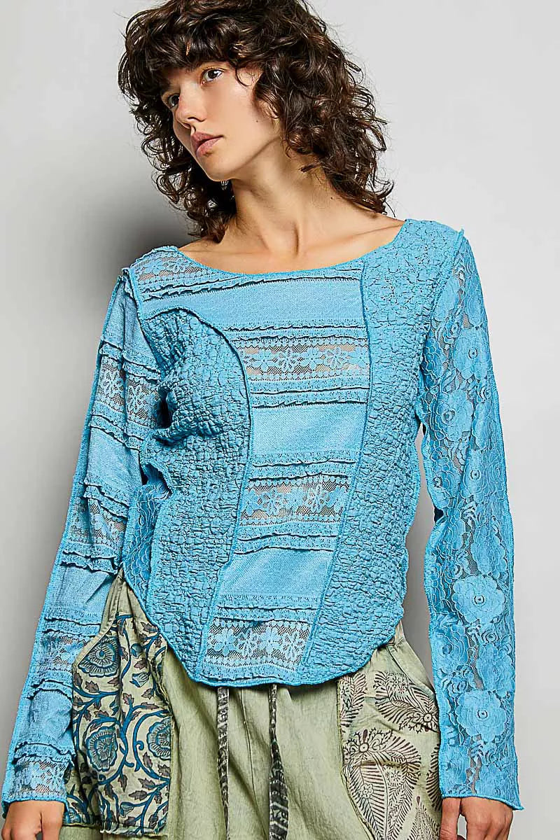 Teal Blue Pol Round Neck Long Sleeve Exposed Seam Top With Lace Detail 2