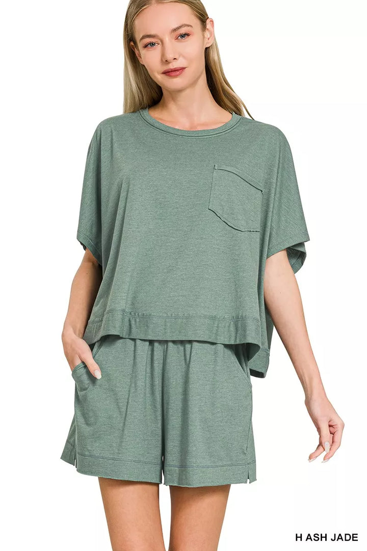 H Ash Jade Zenana Exposed Seam Boxy Top Shorts Set