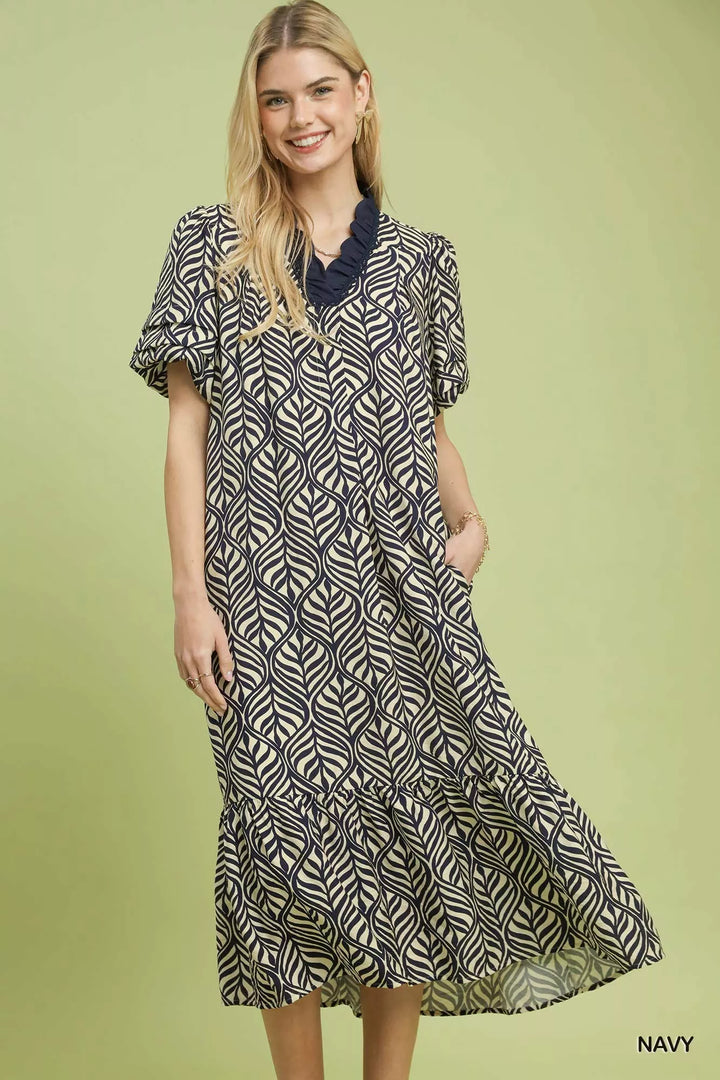 Navy Umgee Leaf Print Ruffle Neck Midi Dress