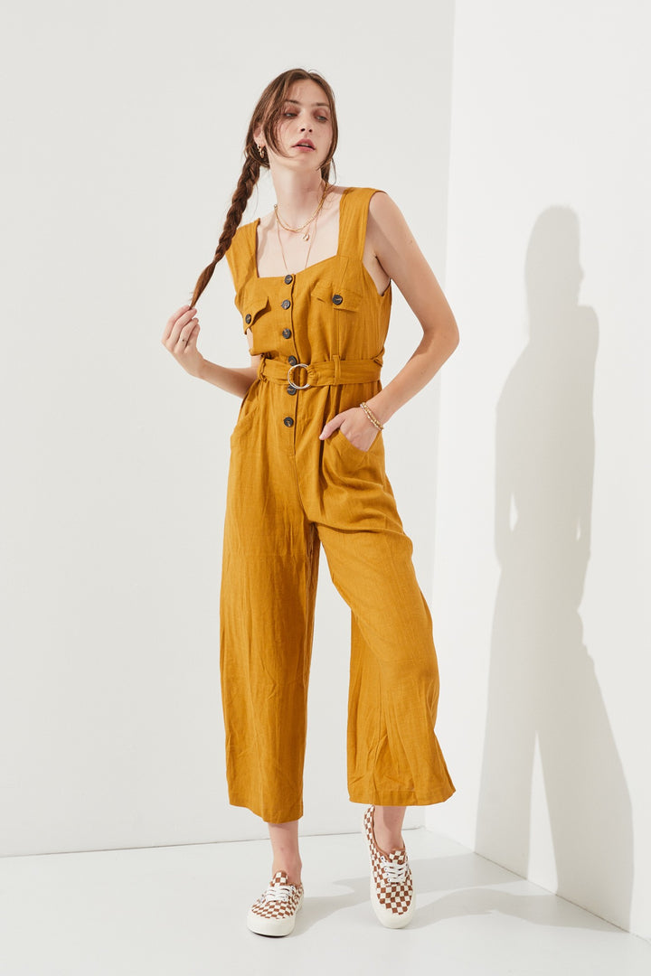 Mustard Sleeveless Square Neck Button Down Ankle Jumpsuit