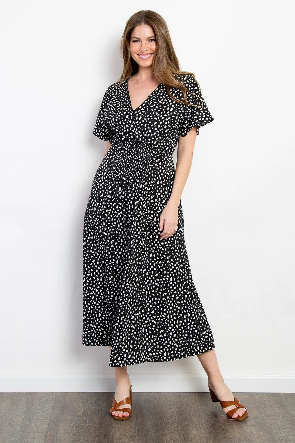 Black Be Stage Full Size Printed Smocked Waist Dress