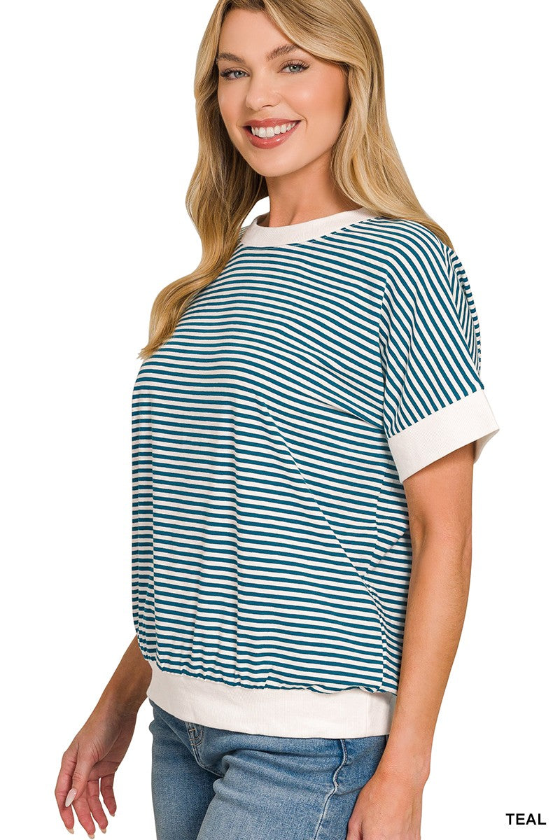 Teal Zenana Stripe Contrast Trim Banded Bottom Top 1