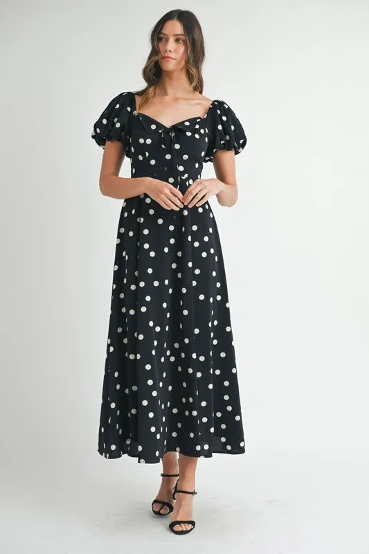 Black Mable Polka Dot Puff Sleeve Midi Dress 1