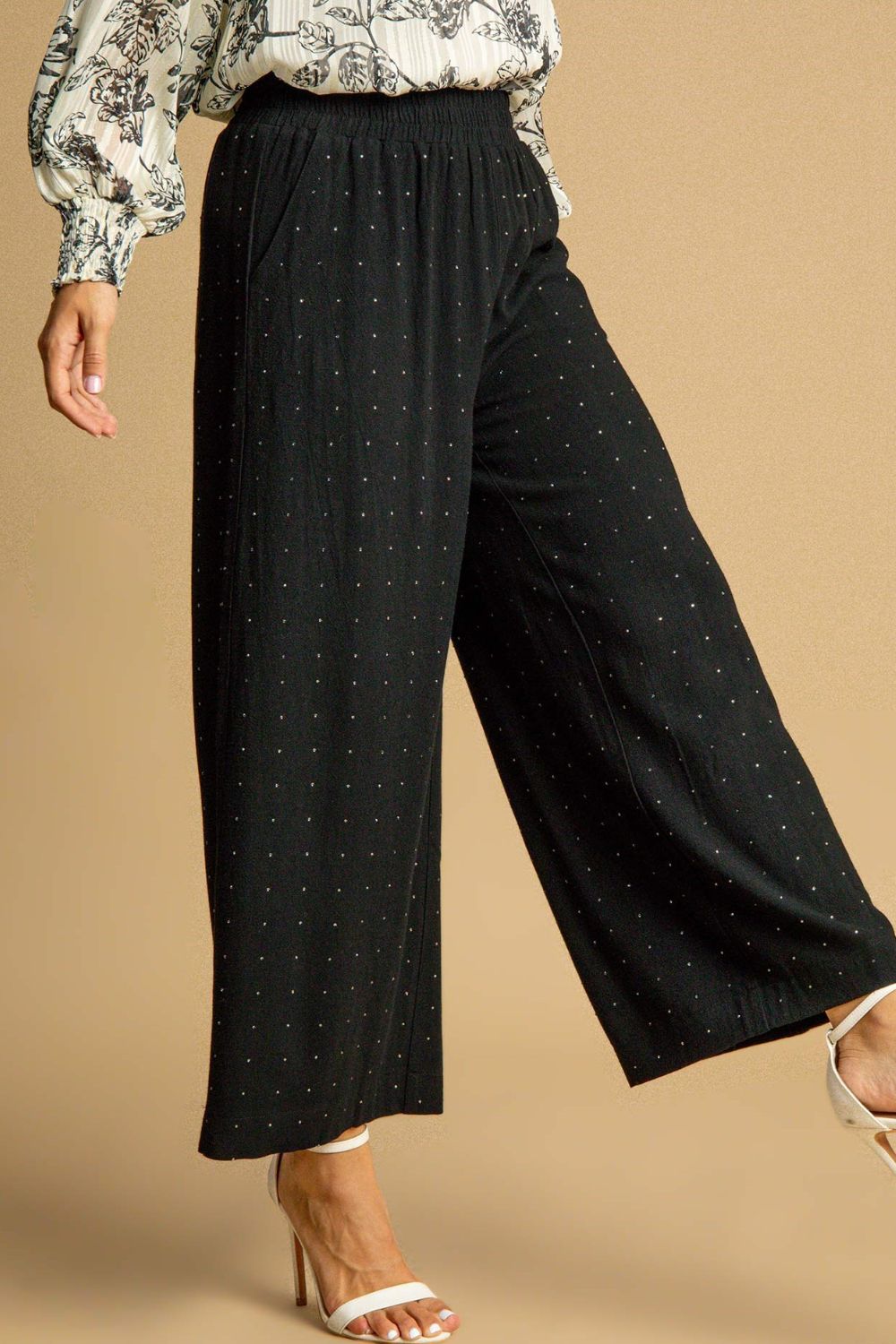 Black Umgee Full Size High Waisted Embellished Linen Pants Plus Size