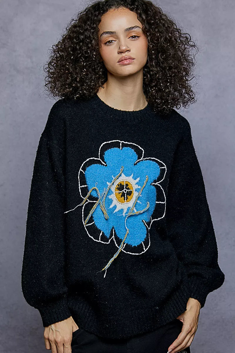 Black Pol Floral Pattern Round Neck Sweater With Exposed Stitching