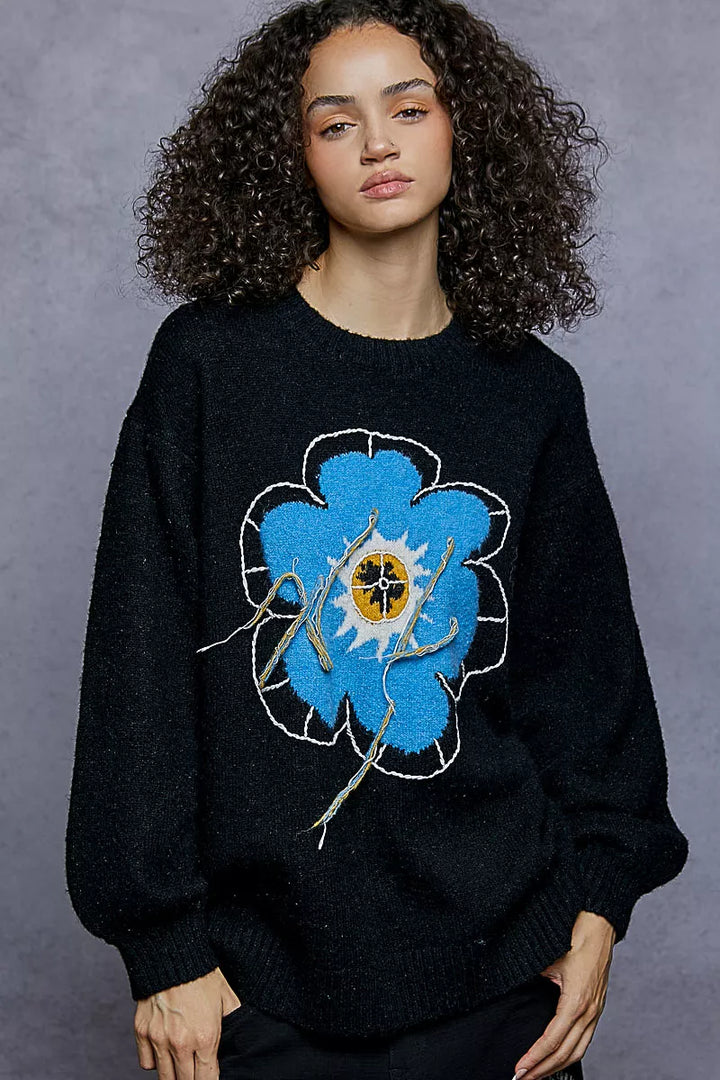 Black Pol Floral Pattern Round Neck Sweater With Exposed Stitching