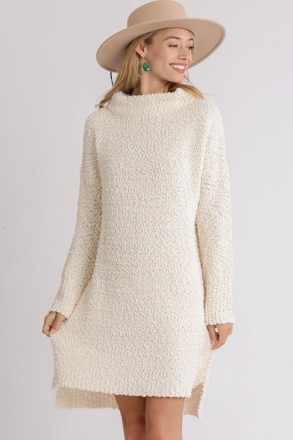 Cream Umgee Full Size High Low Long Sleeve Boucle Sweater Dress Plus Size