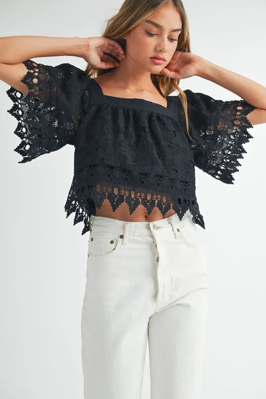 Black Mable Square Neck Crochet Lace Top With Double Bow Tie