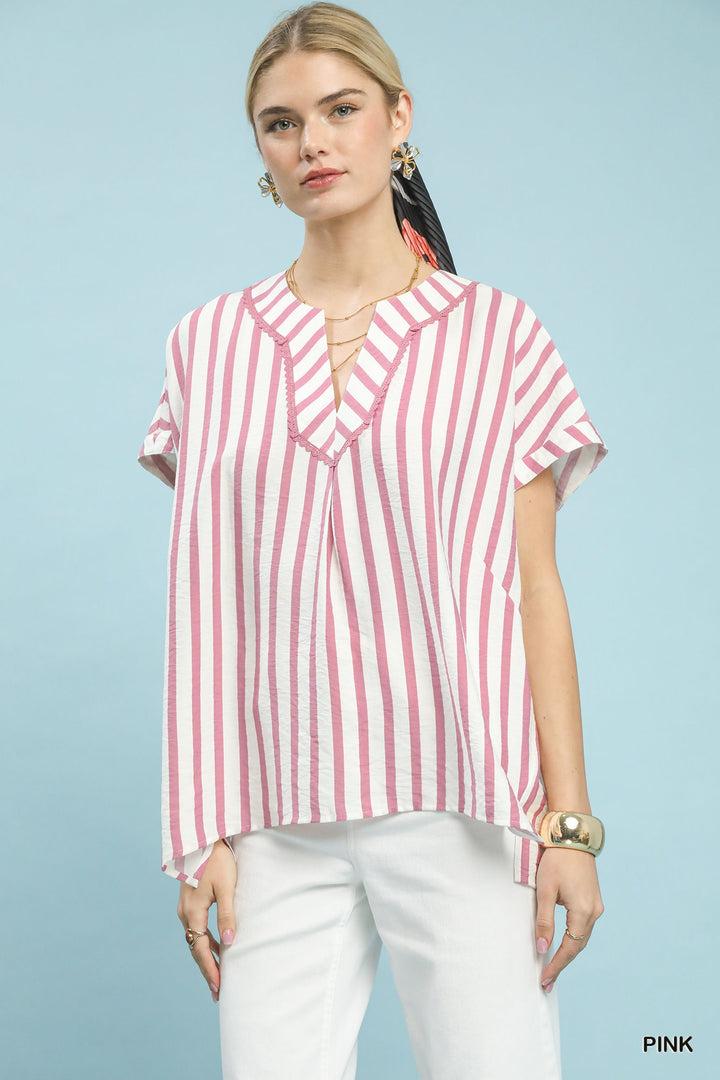 Pink Umgee Mixed Stripe Split Neck Oversized Blouse