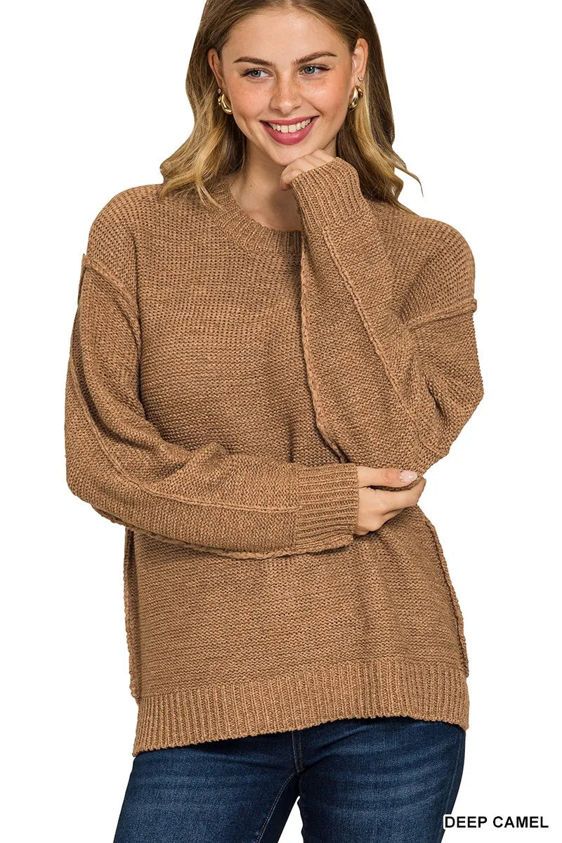 Deep Camel Zenana Exposed Seam Round Neck Sweater