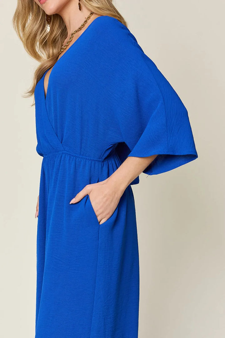 Royal  Blue Double Take Full Size Surplice Wide Leg Jumpsuit With Pockets