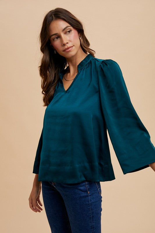 Deep Teal Annie Wear Satin Notched Three Quarter Sleeve Blouse
