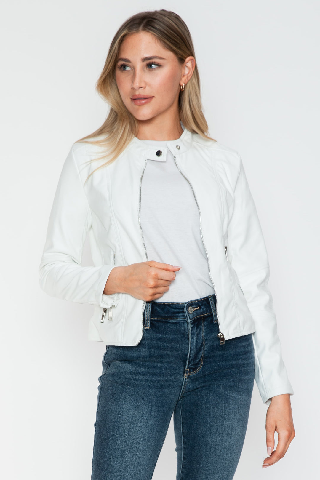 White Snobbish Pu Leather Zip Up Jacket With Pockets 1