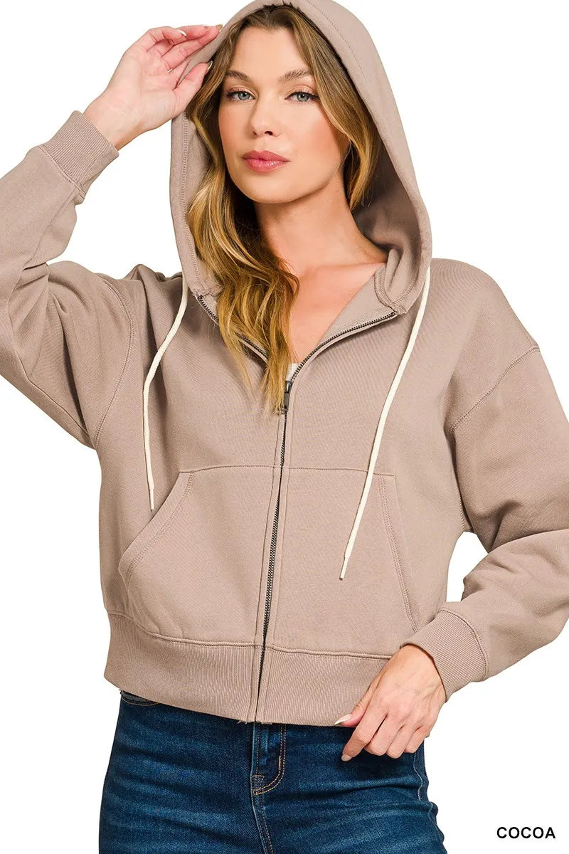 Cocoa Zenana Fleece Cropped Zip Up Hoodie With Pockets