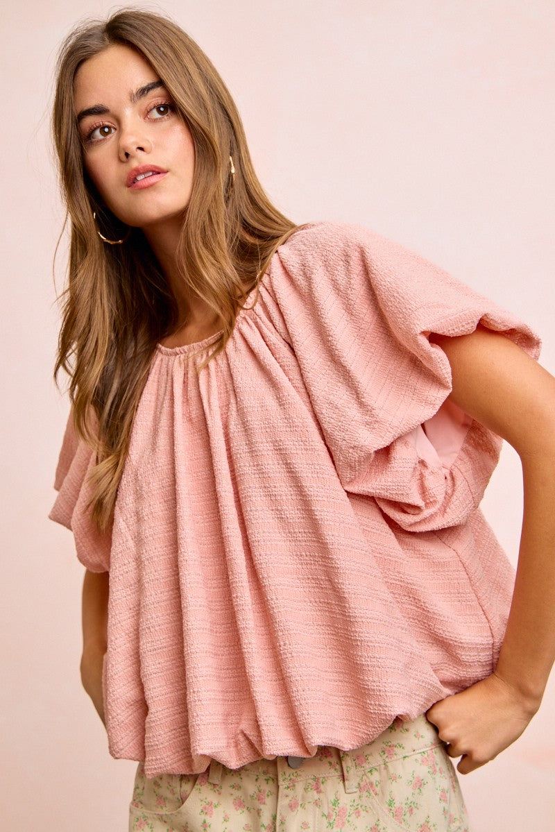 Rose Bibi Stripes Textured Shirred Neckline Bubble Hem Top
