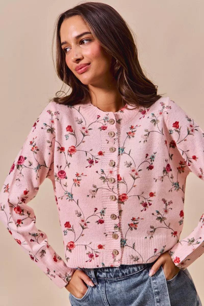 Blush So Me Floral Print Button Front Sweater Cardigan Top