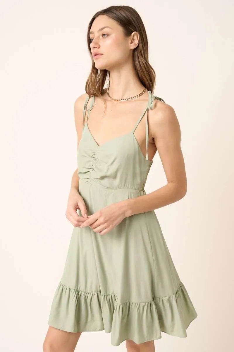 Sage Mittoshop Ruched Detail Spaghetti Tie Mini Dress 2