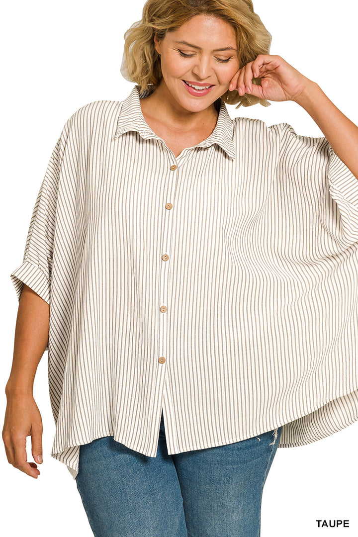 Zenana Full Size Woven Stripe Button Down Boxy Shirt Plus Size 1