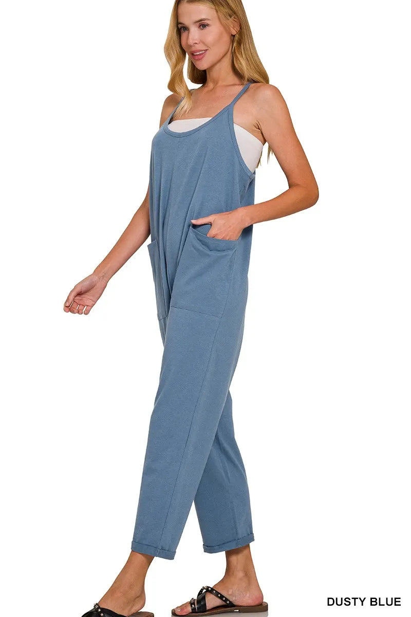 Dusty Teal Zenana Spaghetti Strap Pocketed Jumpsuit