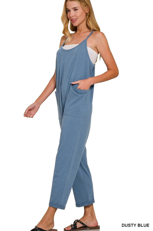 Dusty Teal Zenana Spaghetti Strap Pocketed Jumpsuit