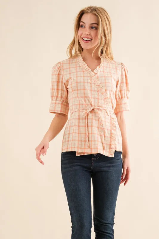 Salmon And The Why Plaid Patterned And Ruffled Wrap Blouse Top