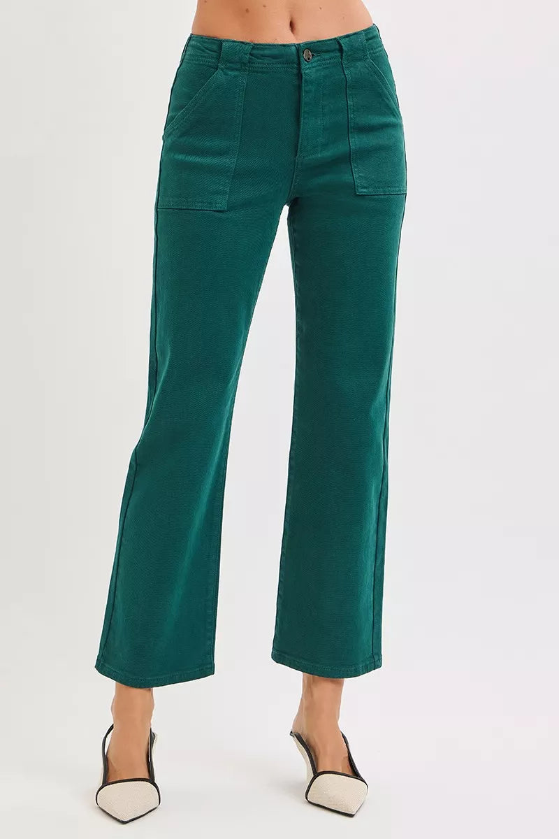 Hunter Green Risen High Rise Ankle Flare Patch Pocket Jeans