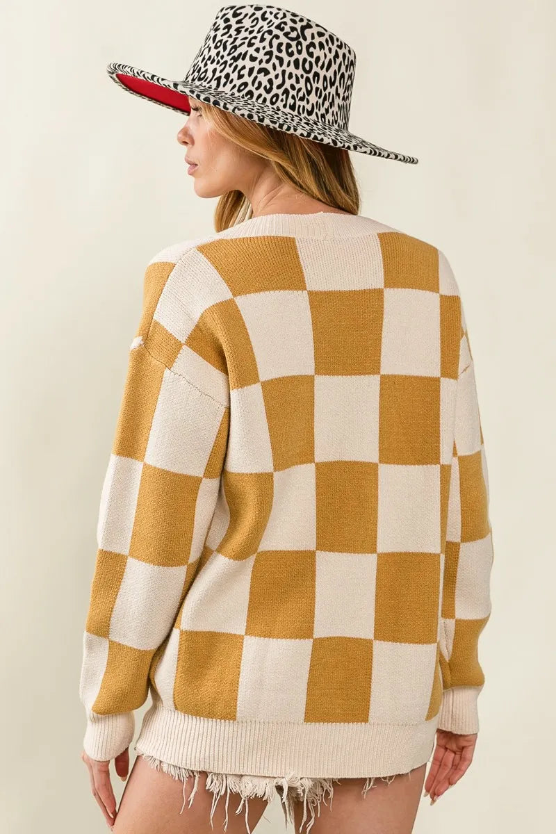 Ivory/Camel Bibi Checked V Neck Cardigan