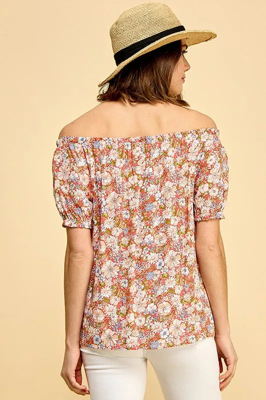 Coral Combo Lime N Chili Floral Print Short Sleeve Off The Shoulder Blouse 1