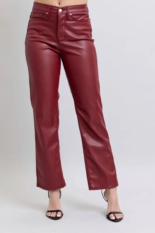 Red Judy Blue Full Size High Waist Tummy Control Faux Leather Straight Pants Plus Size