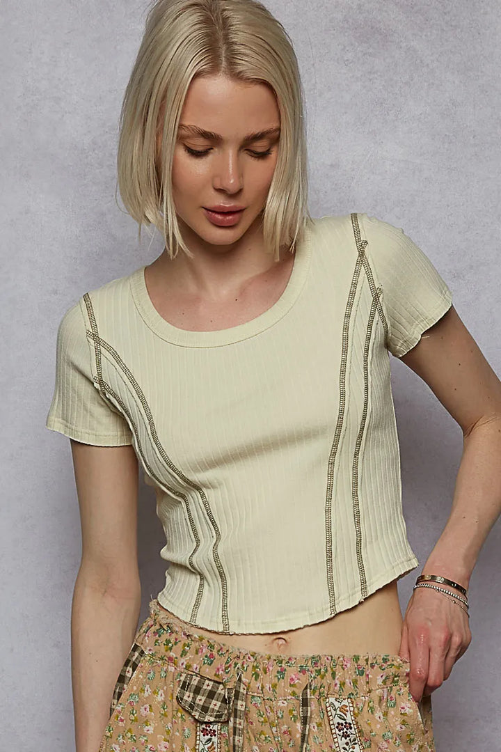 Sage Pol Contrast Stitching Round Neck Crop T Shirt 1