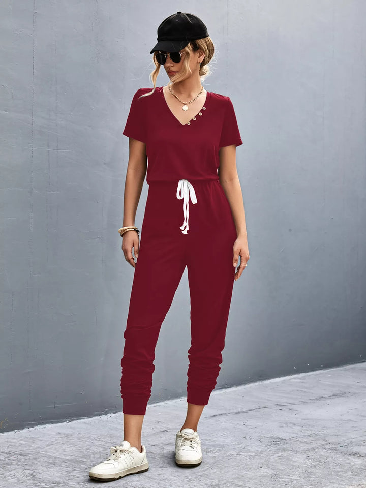 Casual V Neck Short Sleeve Drawstring Waist Jumpsuit