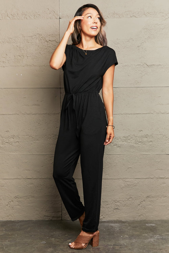 Black Perfee Boat Neck Short Sleeve Jumpsuit With Pockets