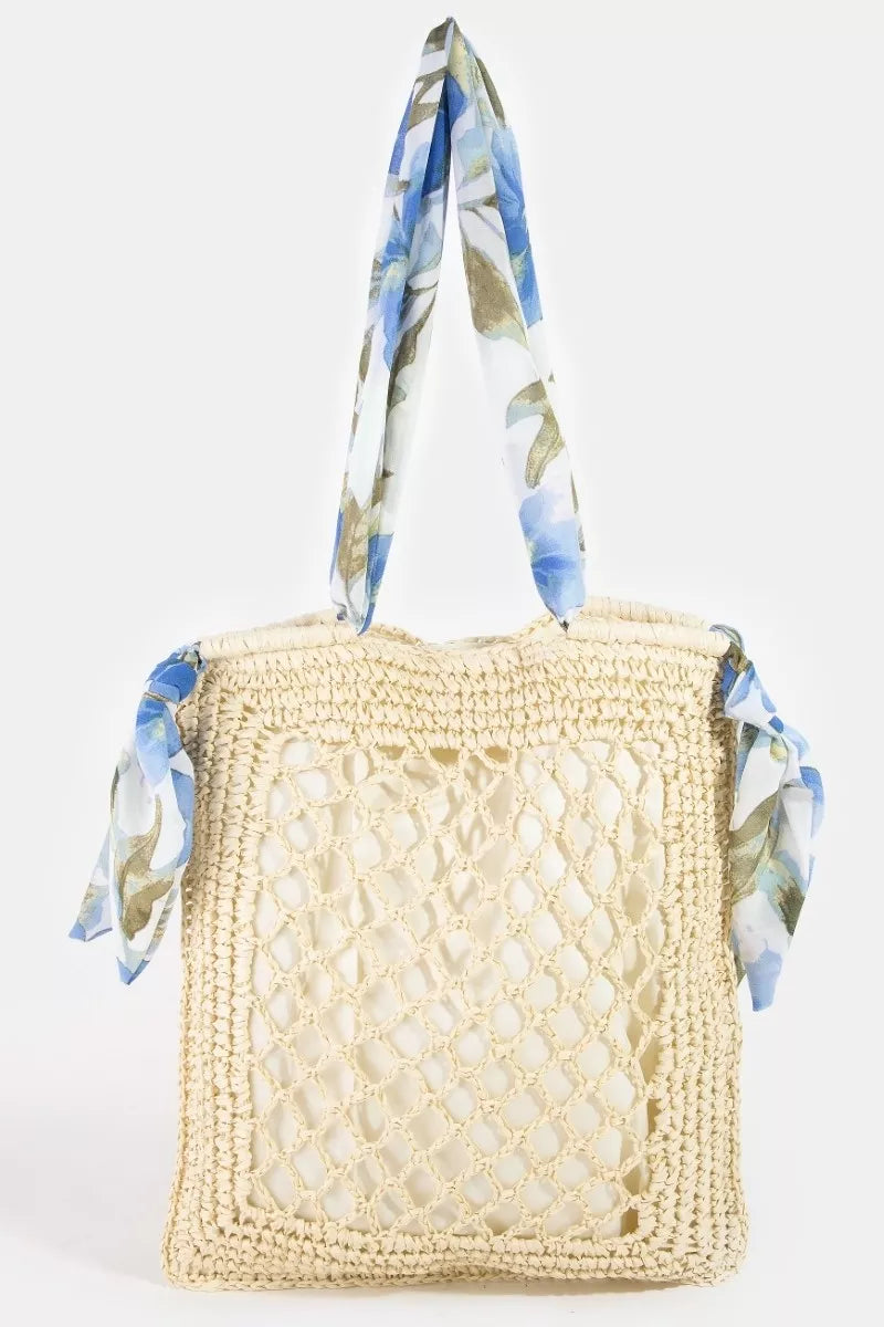 Fame Tropical Bandana Strap Straw Braided Tote Bag