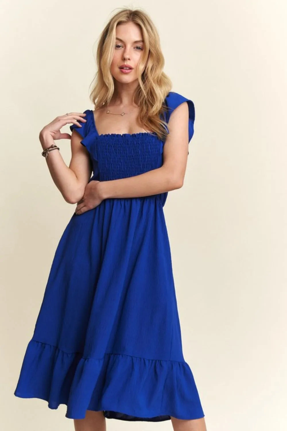 Royal Blue Adora Smocked Square Neck Ruffled Cap Sleeve Dress 1