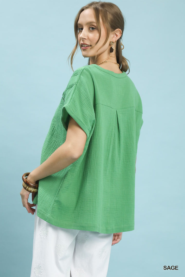 Sage Umgee Textured Gauze Split Neck Boho Blouse 1