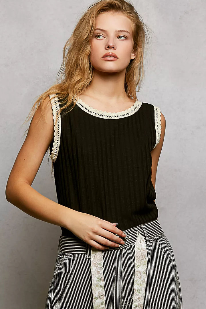 Black Pol Ribbed Round Neck Tank With Lace Trim