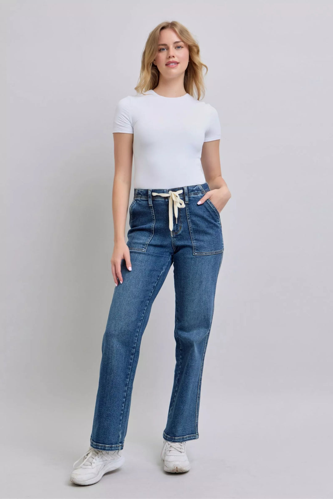 Md Judy Blue Drawstring Straight Jeans With Pockets