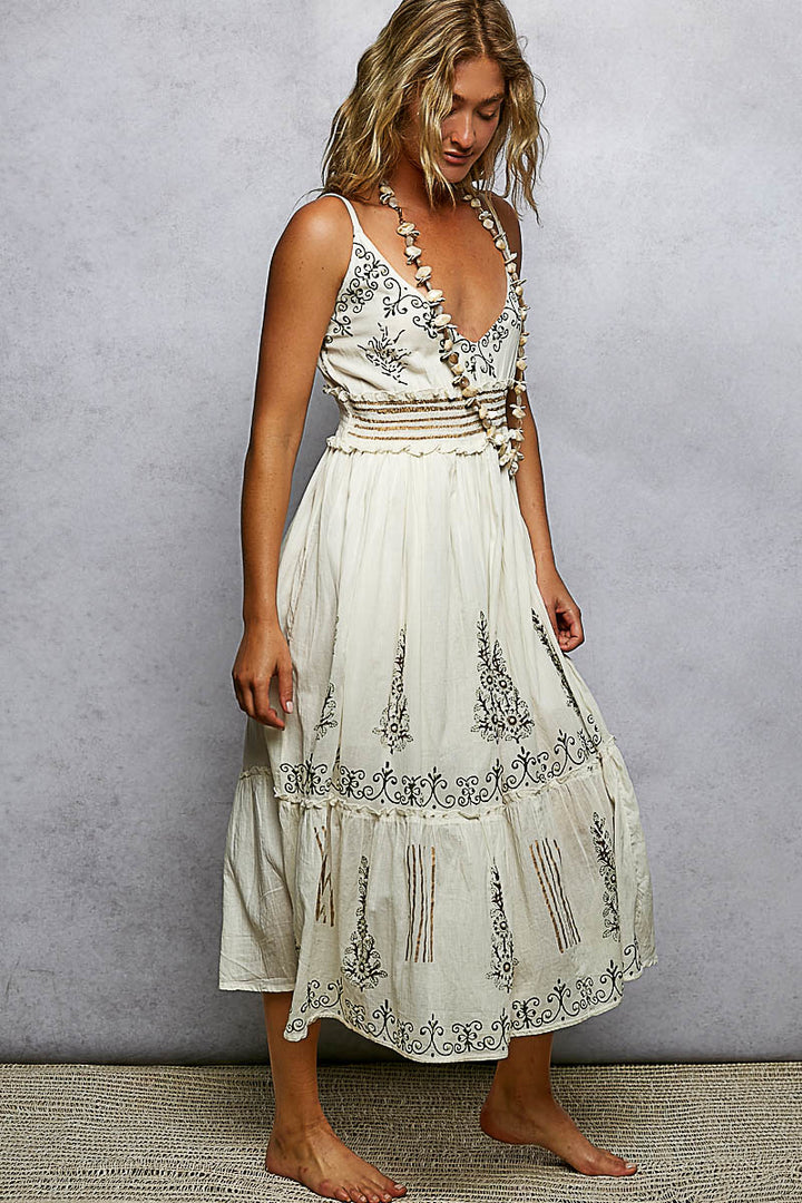 Natural Pol Smocked Waistband Floral Midi Cami Dress