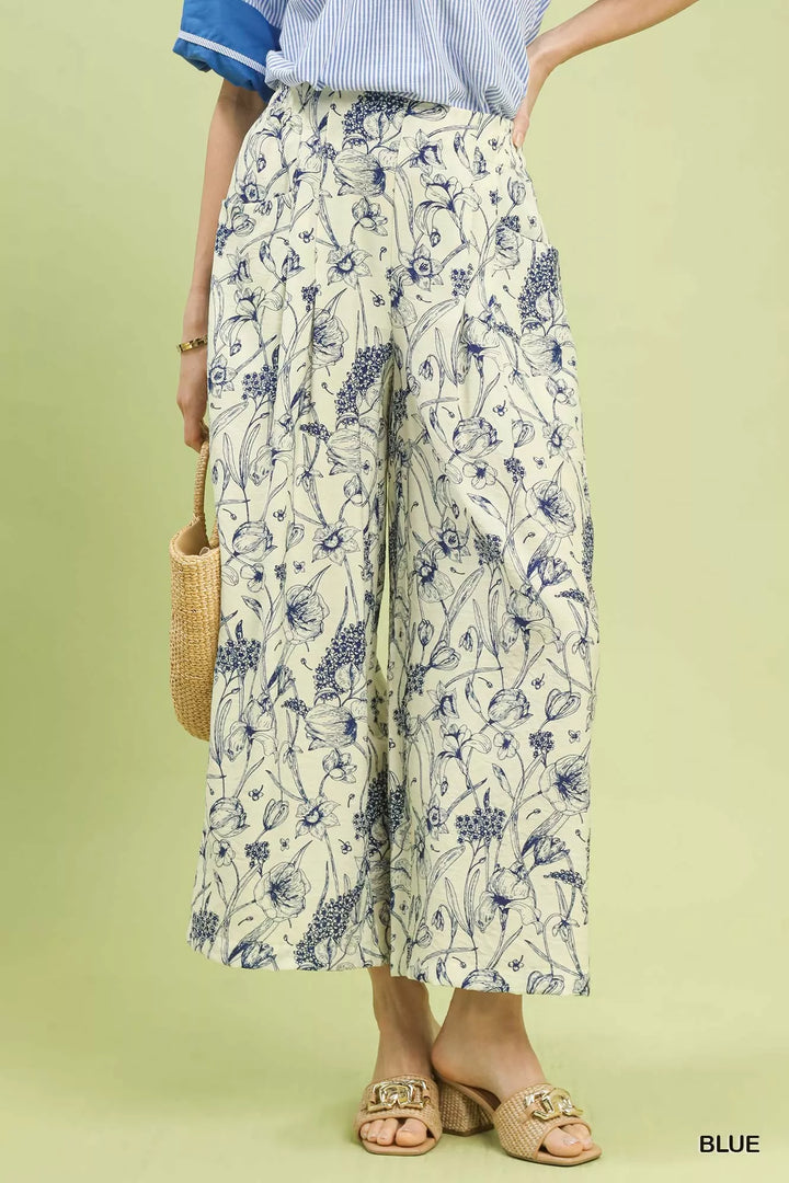 Blue Umgee Two Tone Floral Print Pants 1