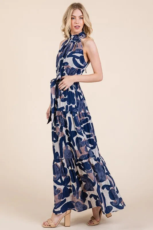 Lime N Chili Abstract Halter Neck Tie Waist Tiered Maxi Dress
