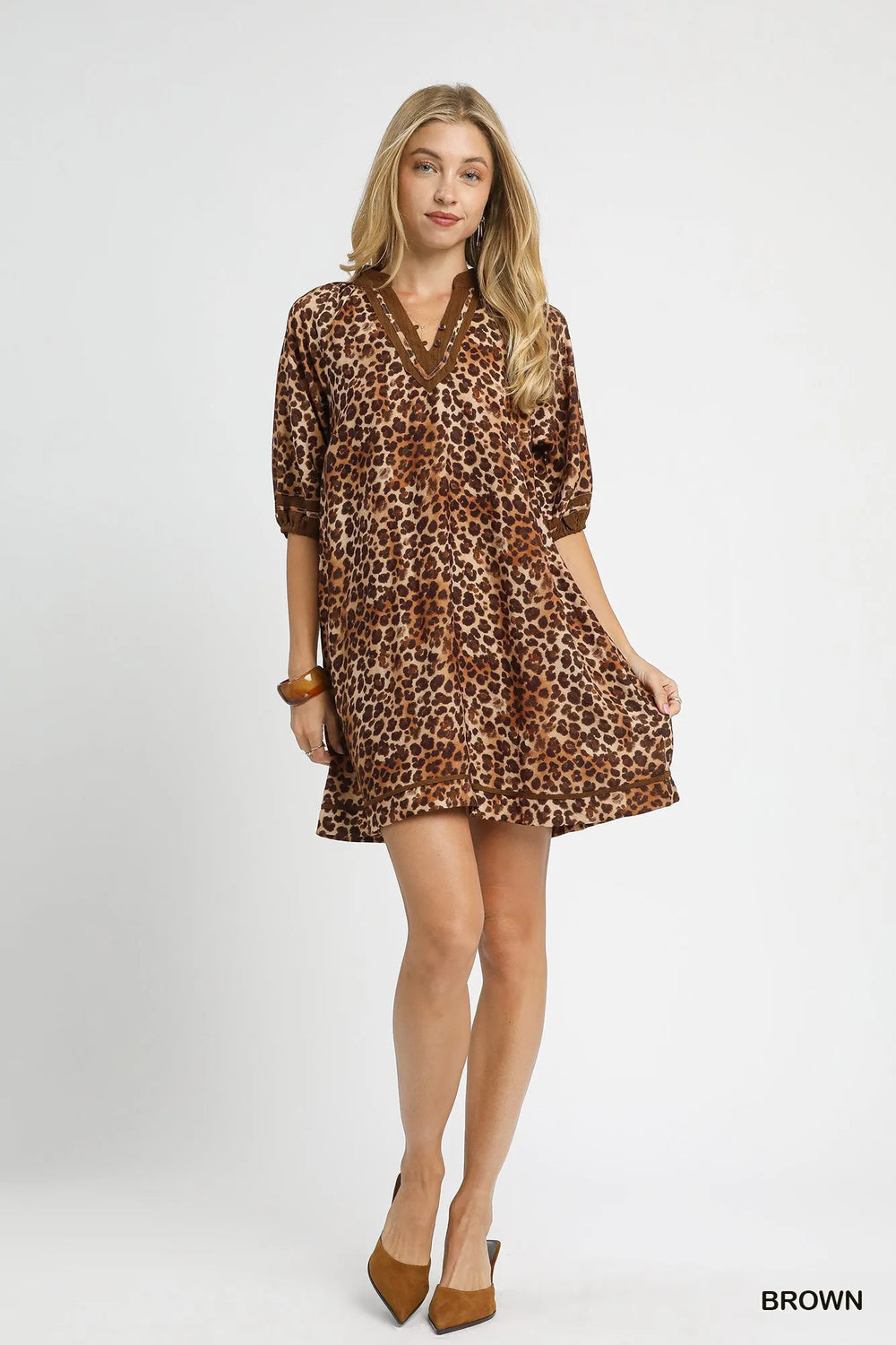 Brown Umgee Full Size Leopard Print Mini Dress With Contrast Trim Plus Size