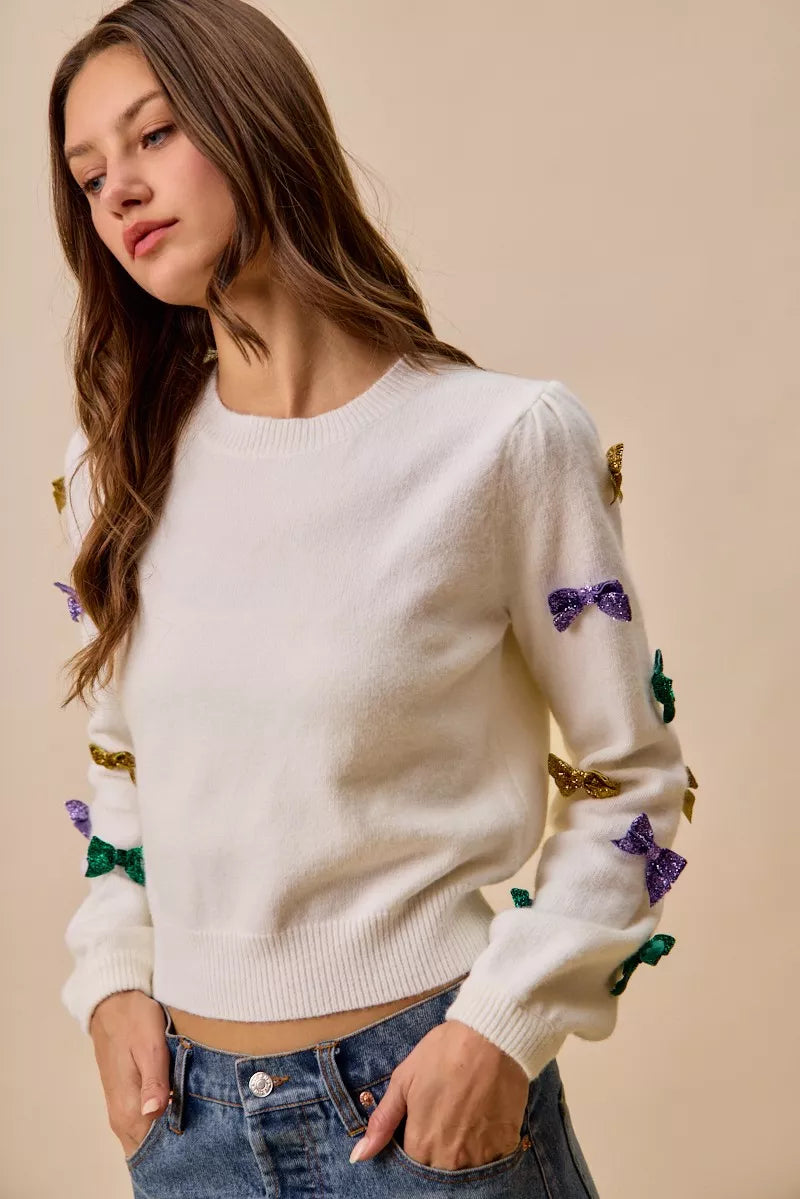 So Me Mardi Gras Glitter Bow Ribbon Sweater Knit Top