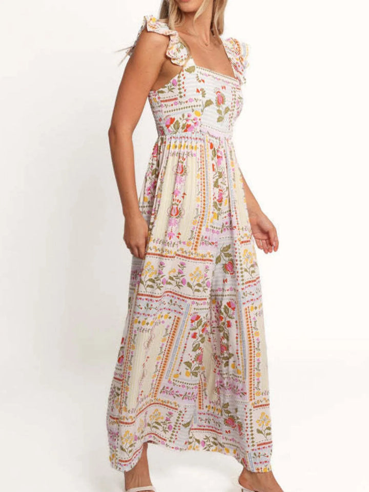 Color Floral Print Ruffle Strap Jumpsuit