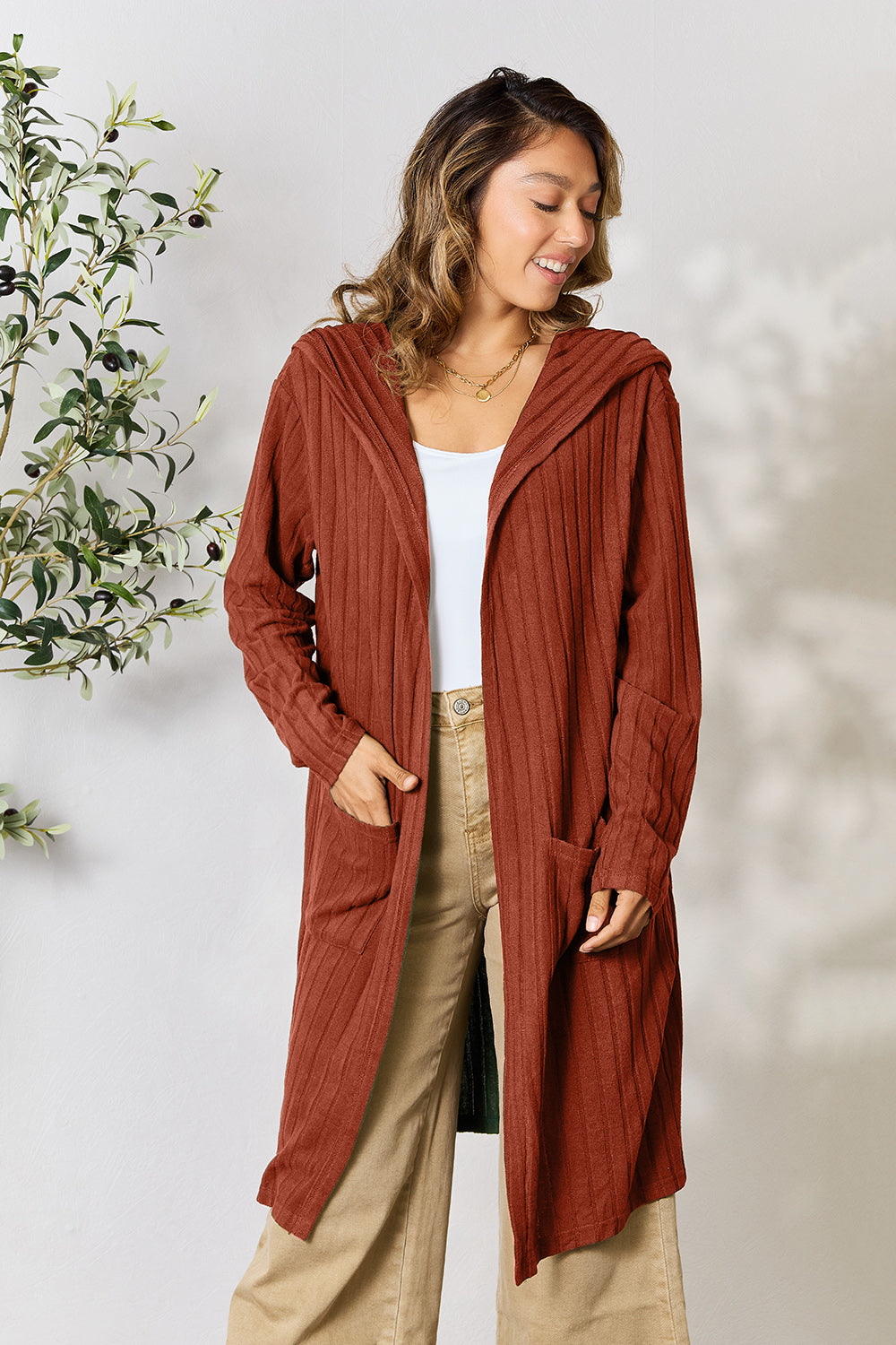 Rust Basic Bae Full Size Hooded Sweater Cardigan