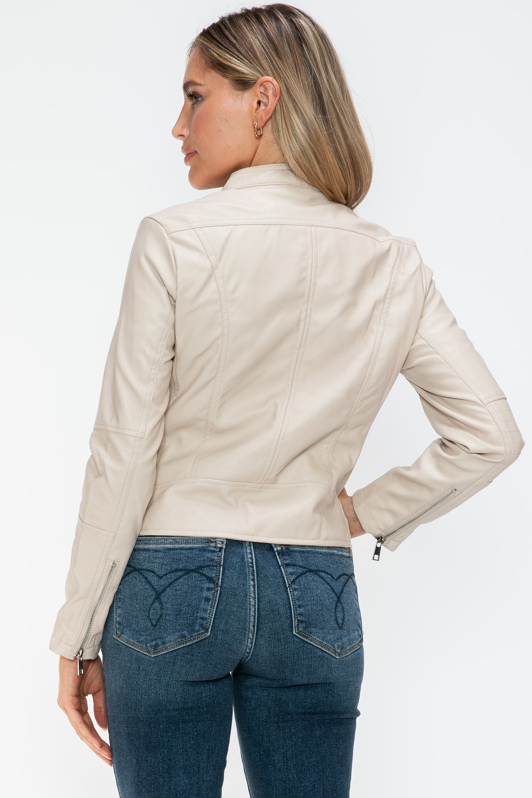 Sand Snobbish Pu Leather Zip Up Jacket With Pockets