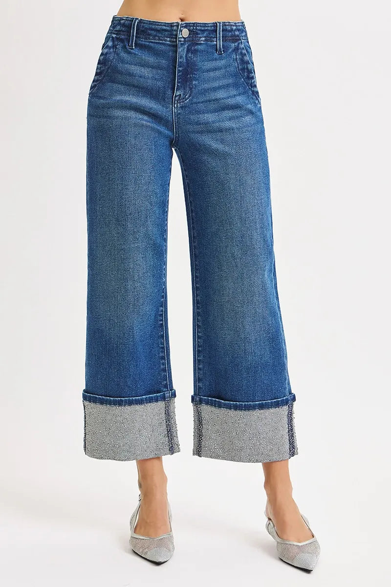 Dark Risen High Rise Ankle Wide Rhine Stone Cuffed Jeans