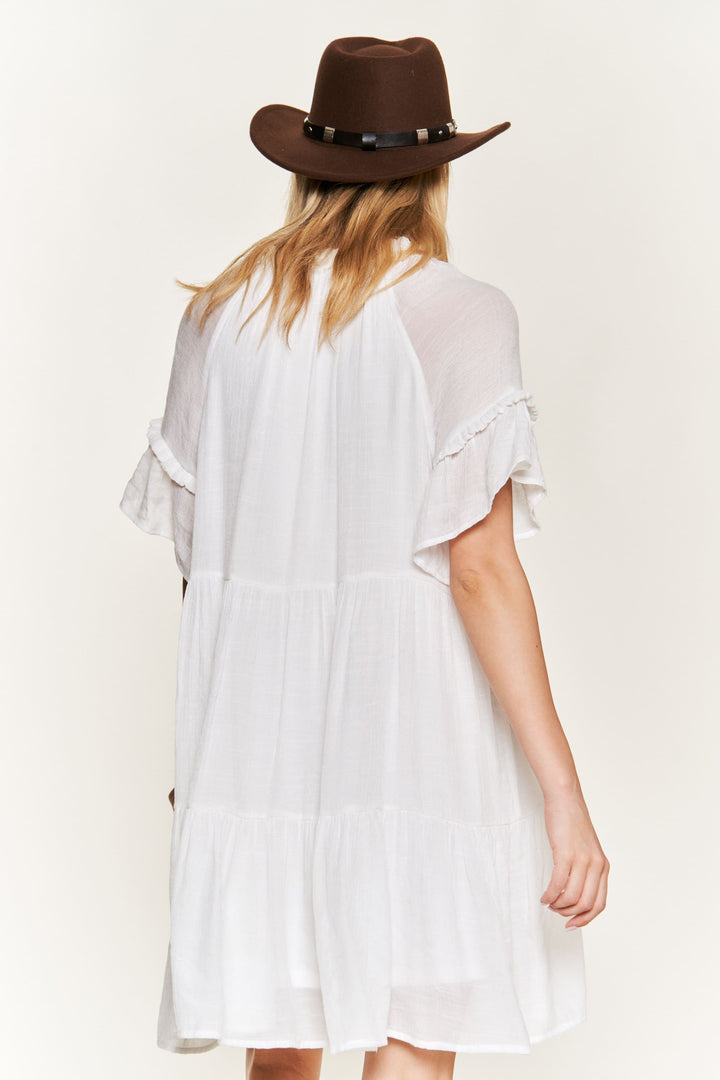 WHITE Ruffled Neck Tiered Mini Dress Jbj1054A