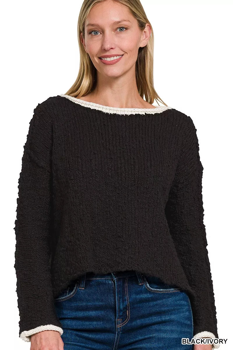 Black/Ivory Zenana Contrast Trim Cropped Sweater