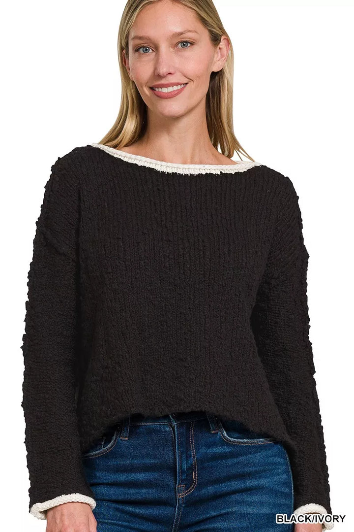 Black/Ivory Zenana Contrast Trim Cropped Sweater